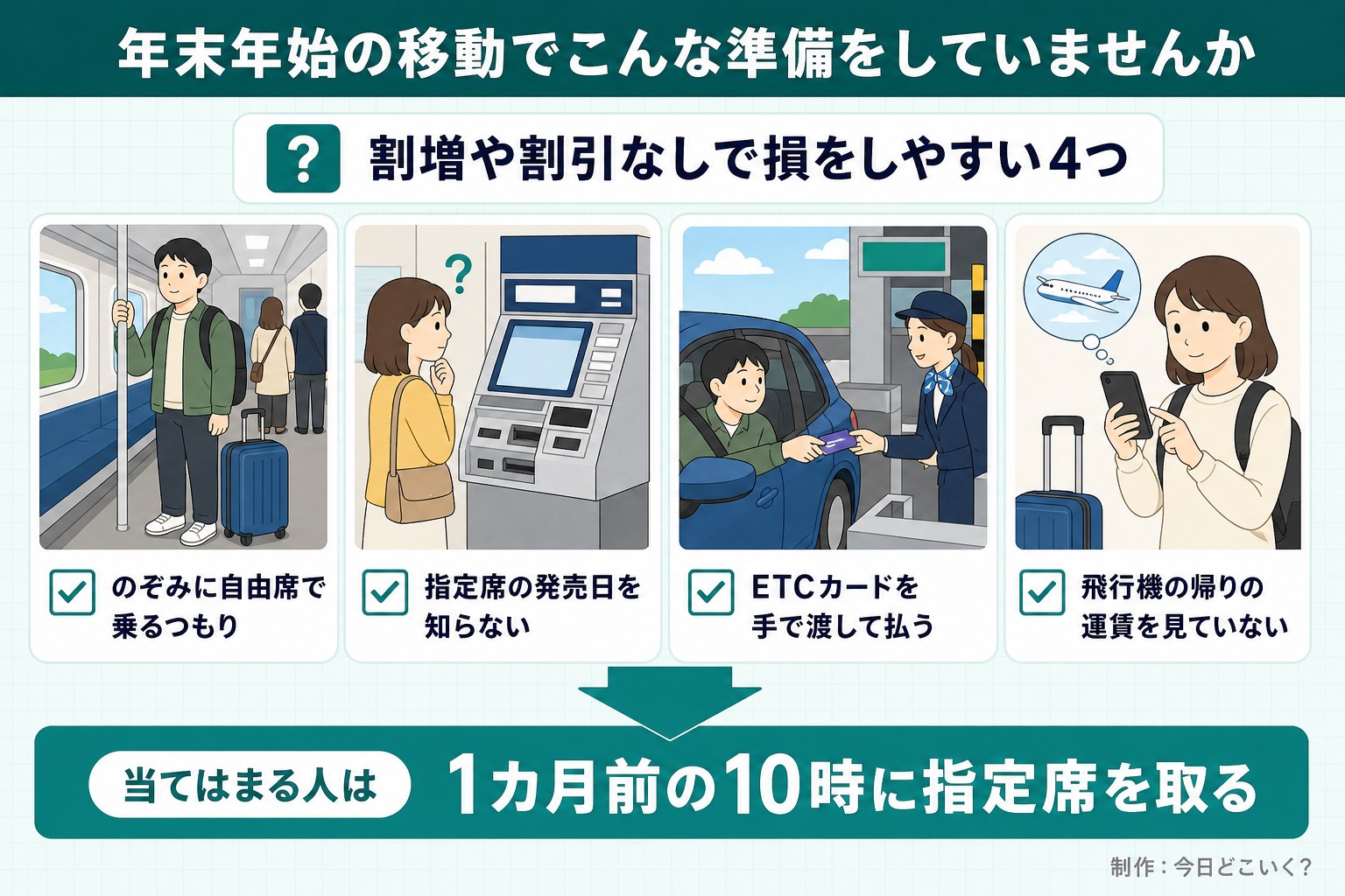 年末年始の移動でこんな準備をしていませんか。割増や割引なしで損をしやすい4つ。のぞみに自由席で乗るつもり。指定席の発売日を知らない。ETCカードを手で渡して払う。飛行機の帰りの運賃を見ていない。当てはまる人は。1カ月前の10時に指定席を取る。今日どこいく？が作ったイラスト図解（「こんなことしていませんか」のチェック場面）