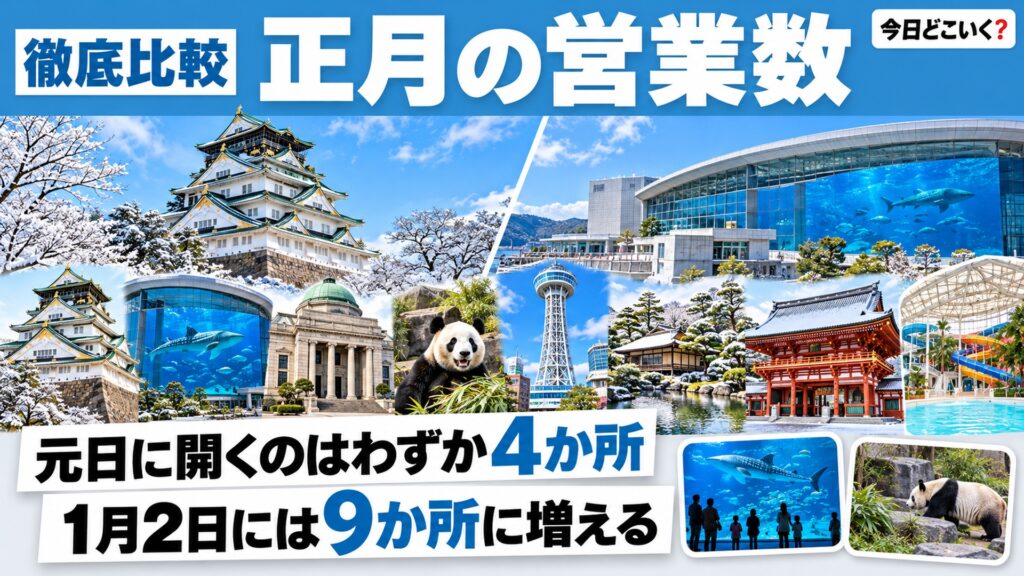 正月に営業する水族館や城は元日4か所、2日は動物園も入れて9か所　図の中の文字: 元日に開くのはわずか4か所、1月2日には9か所に増える
