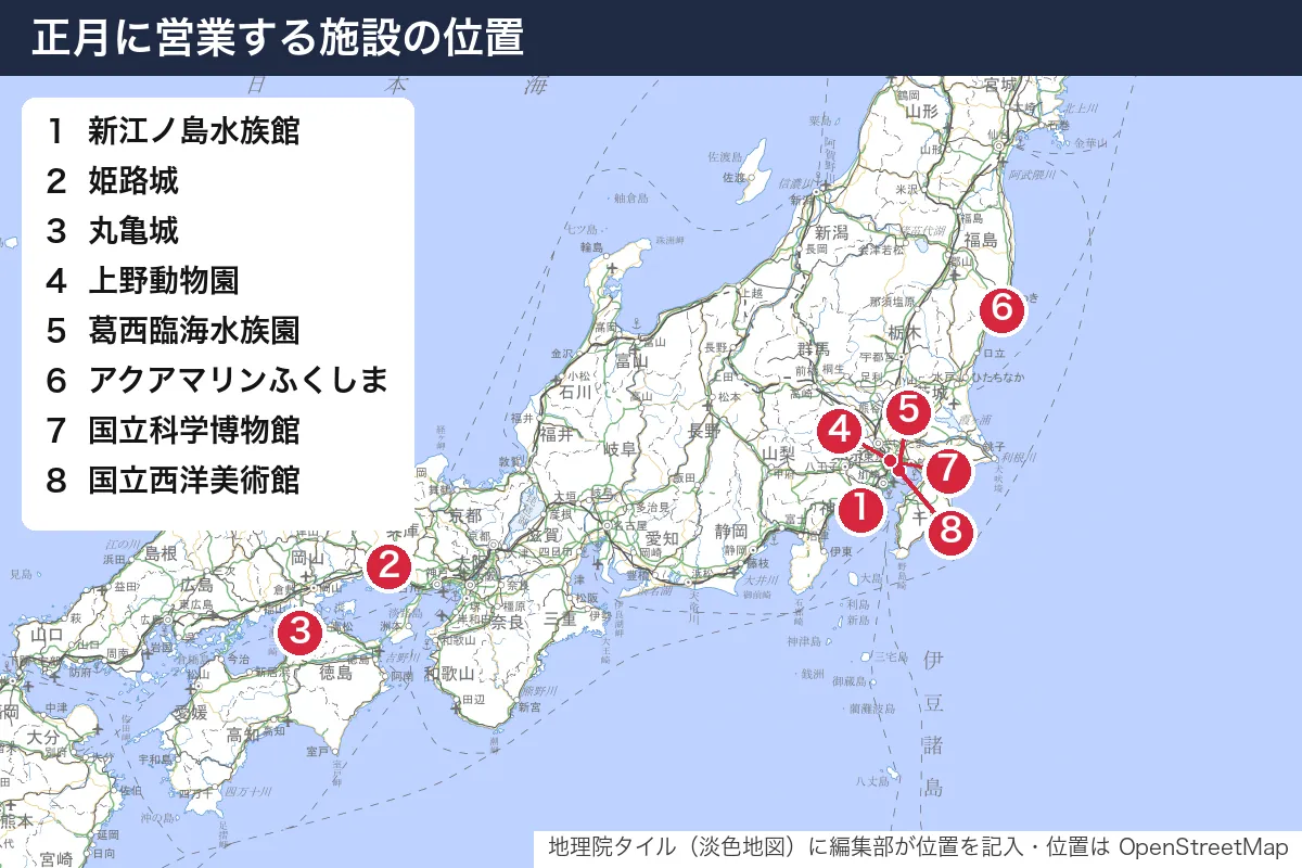 正月に営業する施設の位置。地図に番号で示した場所は 1. 新江ノ島水族館、2. 姫路城、3. 丸亀城、4. 上野動物園、5. 葛西臨海水族園、6. アクアマリンふくしま、7. 国立科学博物館、8. 国立西洋美術館