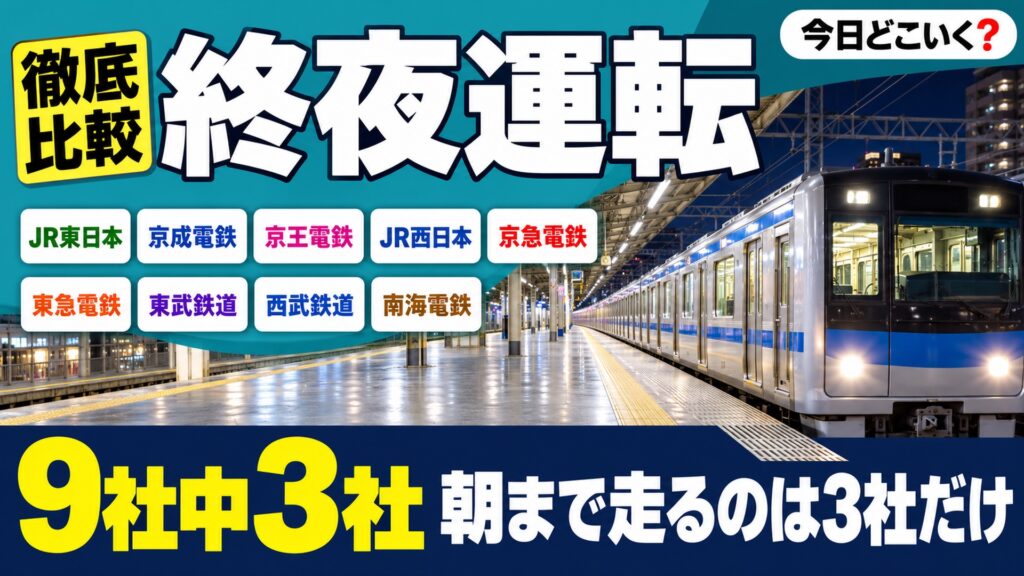 大晦日の終夜運転は前回9社中3社だけ・西武と東武は延長もなし 図の中の文字: JR東日本、京成電鉄、京王電鉄、JR西日本、京急電鉄、東急電鉄