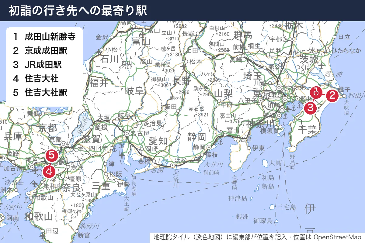 初詣の行き先への最寄り駅。地図に番号で示した場所は 1. 成田山新勝寺、2. 京成成田駅、3. JR成田駅、4. 住吉大社、5. 住吉大社駅