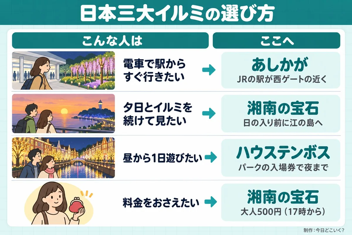 日本三大イルミの選び方。こんな人は。ここへ。電車で駅からすぐ行きたい。あしかが。JRの駅が西ゲートの近く。夕日とイルミを続けて見たい。湘南の宝石。日の入り前に江の島へ。昼から1日遊びたい。ハウステンボス。パークの入場券で夜まで。料金をおさえたい。湘南の宝石。大人500円(17時から)。今日どこいく?が作ったイラスト図解(状況→目安の早見表)