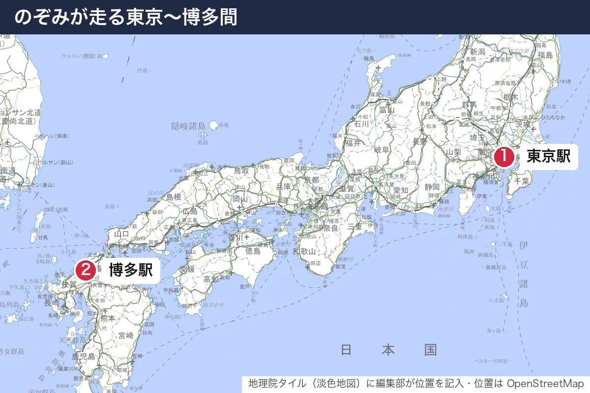 のぞみが走る東京〜博多間。地図に番号で示した場所は 1. 東京駅、2. 博多駅