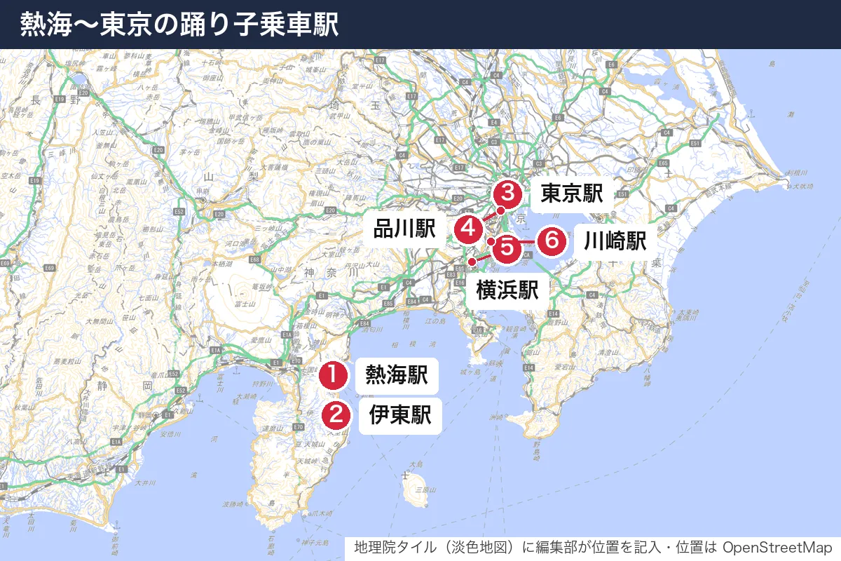 熱海〜東京の踊り子乗車駅。地図に番号で示した場所は 1. 熱海駅、2. 伊東駅、3. 東京駅、4. 品川駅、5. 横浜駅、6. 川崎駅