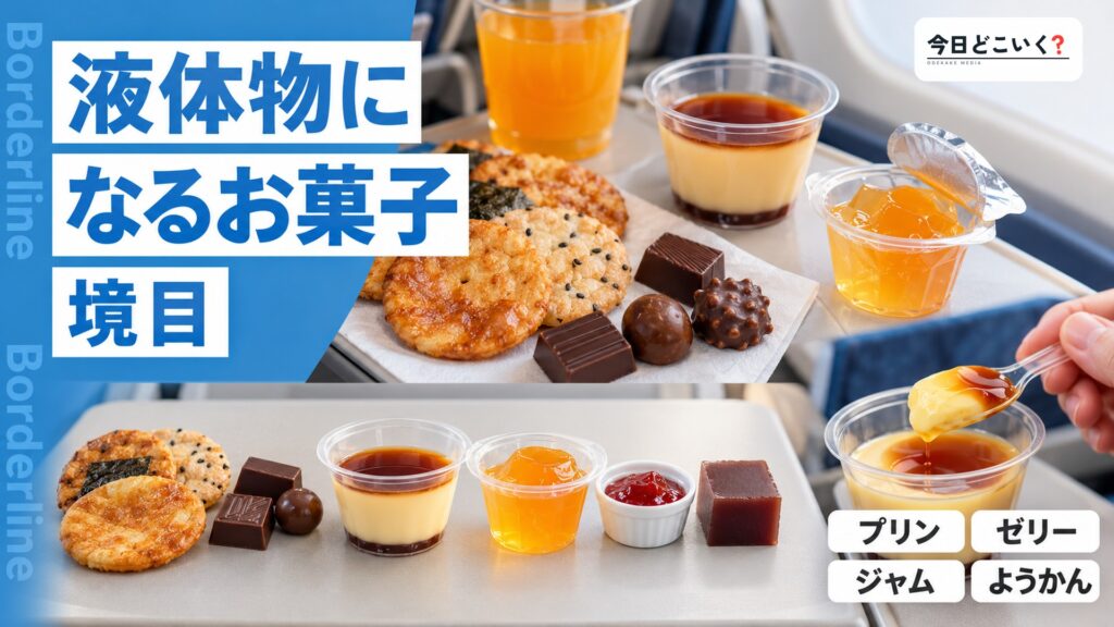 飛行機のお菓子持ち込みで液体物になるのはどれ？11品目の境目　図の中の文字: 液体物になるお菓子、プリン、ゼリー、ジャム、ようかん