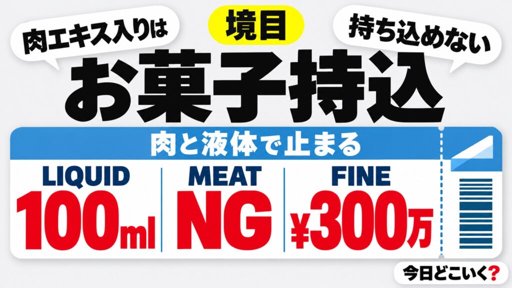 飛行機のお菓子持ち込みは肉入りが検疫で没収・罰金300万円以下 図の中の文字: 肉エキス入りは、持ち込めない、LIQUID 100ml、MEAT NG、FINE ¥300万、肉と液体で止まる