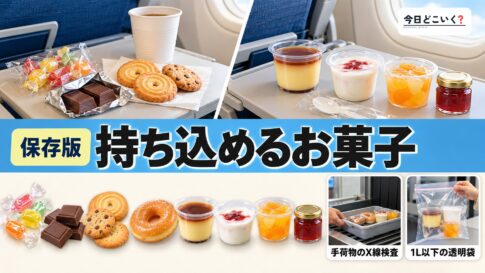 飛行機にお菓子は持ち込みできる？オススメのお菓子もご紹介　図の中の文字: 持ち込めるお菓子