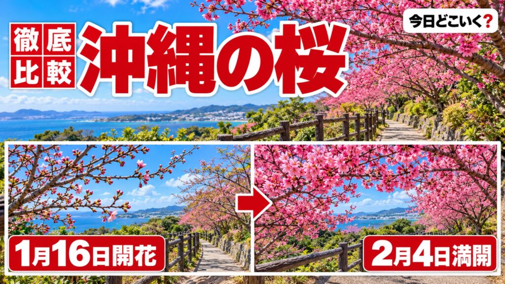 沖縄の桜の見頃2027は2月上旬が目安で4地点の満開日を比較　図の中の文字: 1月16日開花、2月4日満開