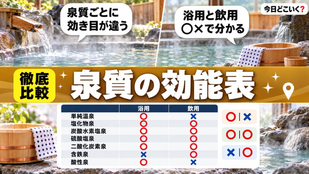 温泉の泉質10種類の効能と入ってはいけない人を環境省の基準で並べた　図の中の文字: 泉質ごとに、効き目が違う、浴用と飲用、○×で分かる、単純温泉、塩化物泉