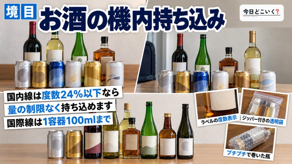 飛行機へのお酒の持ち込みにルールはあるの？注意点を徹底解説　図の中の文字: お酒の機内持ち込み、国内線は度数24%以下なら、量の制限なく持ち込めます、国際線は1容器100mlまで