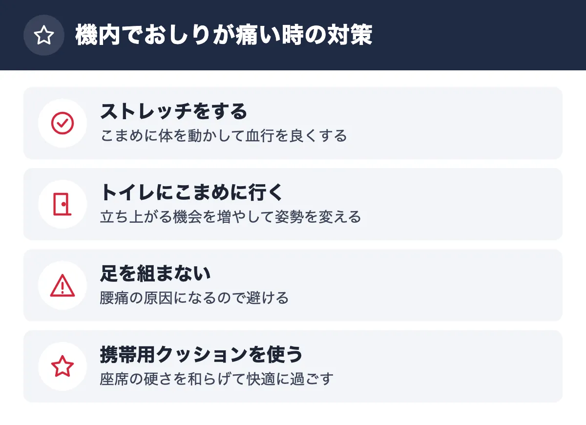 機内でおしりが痛い時の対策。ストレッチをする こまめに体を動かして血行を良くする／トイレにこまめに行く 立ち上がる機会を増やして姿勢を変える／足を組まない 腰痛の原因になるので避ける／携帯用クッションを使う 座席の硬さを和らげて快適に過ごす