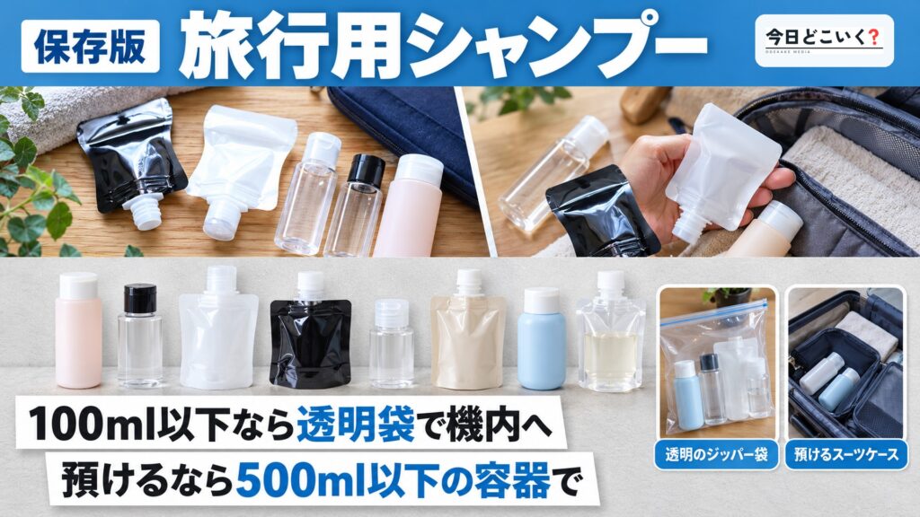 海外旅行でシャンプーは必要?機内に持ち込む方法やおすすめアイテムを紹介! 図の中の文字: 旅行用シャンプー、100ml以下なら透明袋で機内へ、預けるなら500ml以下の容器で