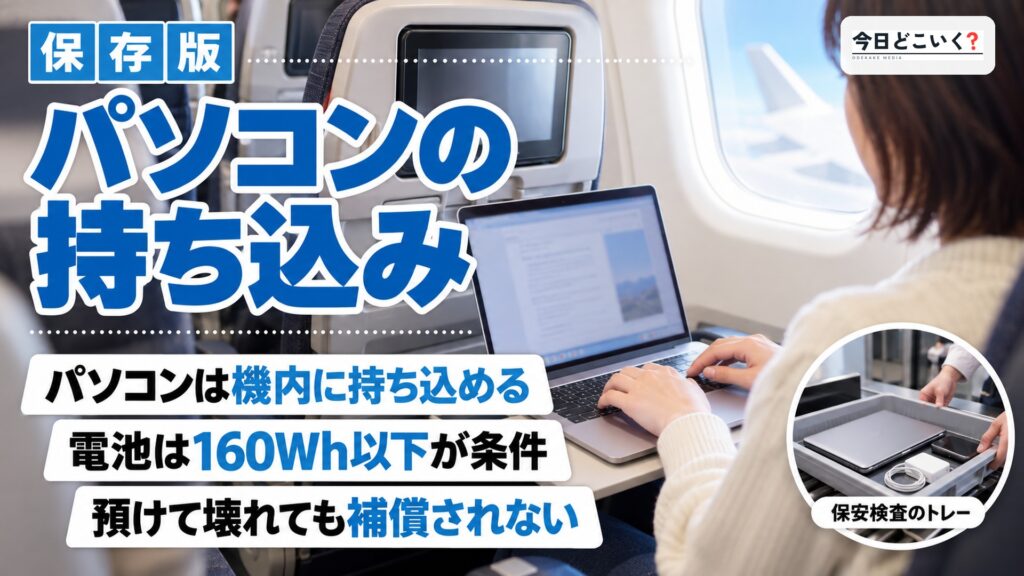 飛行機にパソコンは持ち込んでも大丈夫？疑問や注意点を解説！　図の中の文字: パソコンの持ち込み、パソコンは機内に持ち込める、電池は160Wh以下が条件、預けて壊れても補償されない