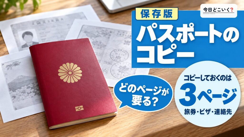 海外旅行で必要なパスポートのコピーはどのページ？使うシーンや持ち歩き方も紹介　図の中の文字: パスポートのコピー、コピーしておくのは、3ページ、旅券・ビザ・連絡先、どのページが要る？