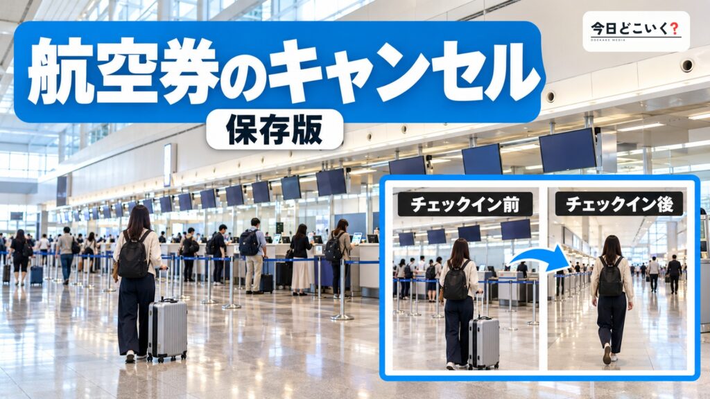 飛行機の予約はキャンセルしないとどうなる？ペナルティはある？　図の中の文字: 航空券のキャンセル、チェックイン前、チェックイン後