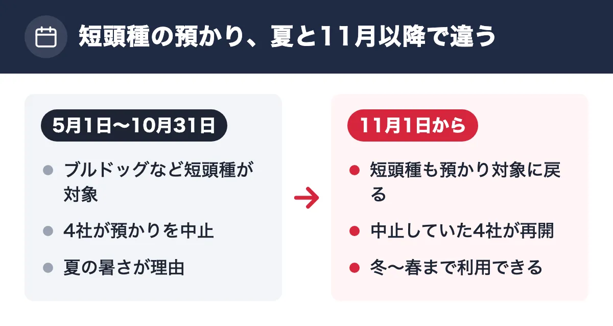短頭種の預かり、夏と11月以降で違う。5月1日〜10月31日:ブルドッグなど短頭種が対象/4社が預かりを中止/夏の暑さが理由。11月1日から:短頭種も預かり対象に戻る/中止していた4社が再開/冬〜春まで利用できる