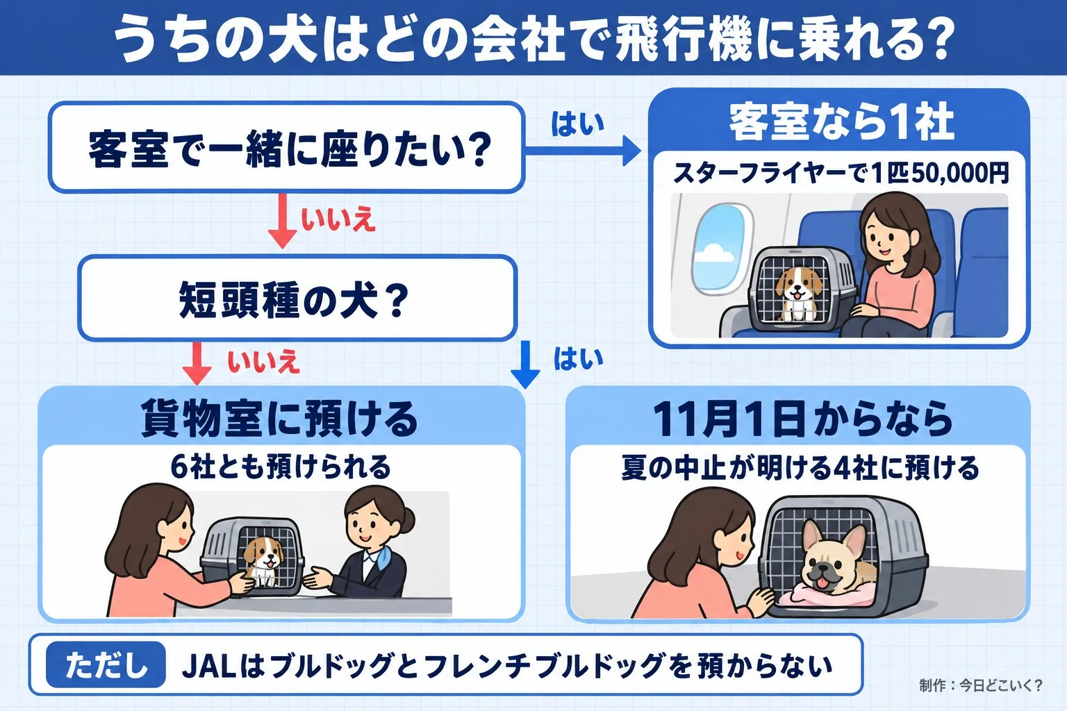 うちの犬はどの会社で飛行機に乗れる?。客室で一緒に座りたい?。短頭種の犬?。客室なら1社。スターフライヤーで1匹50,000円。11月1日からなら。夏の中止が明ける4社に預ける。貨物室に預ける。6社とも預けられる。ただし JALはブルドッグとフレンチブルドッグを預からない。今日どこいく?が作ったイラスト図解(はい/いいえの判定)