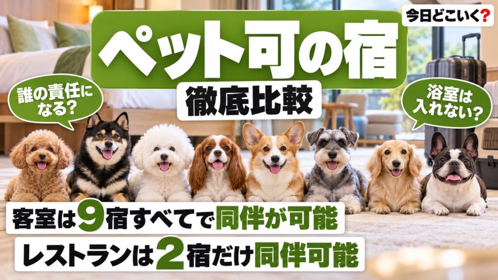 ペット可の宿で粗相や破損をしたら？10施設の決まりを比較　図の中の文字: 誰の責任になる？、浴室は入れない？、客室は9宿すべてで同伴が可能、レストランは2宿だけ同伴可能