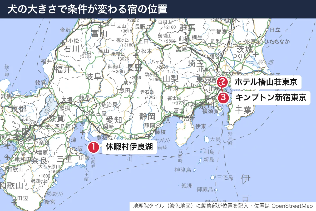 犬の大きさで条件が変わる宿の位置。地図に番号で示した場所は 1. 休暇村伊良湖、2. ホテル椿山荘東京、3. キンプトン新宿東京