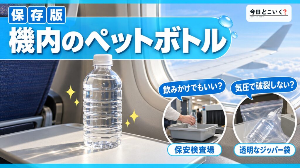 飛行機内にペットボトルは持ち込める？気圧で破裂したりしない？　図の中の文字: 機内のペットボトル、飲みかけでもいい？、気圧で破裂しない？