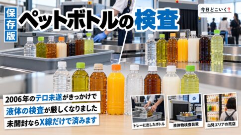 空港でペットボトルを検査する理由は？検査をスムーズに通過する方法　図の中の文字: ペットボトルの検査、2006年のテロ未遂がきっかけで、液体の検査が厳しくなりました、未開封ならX線だけで済みます