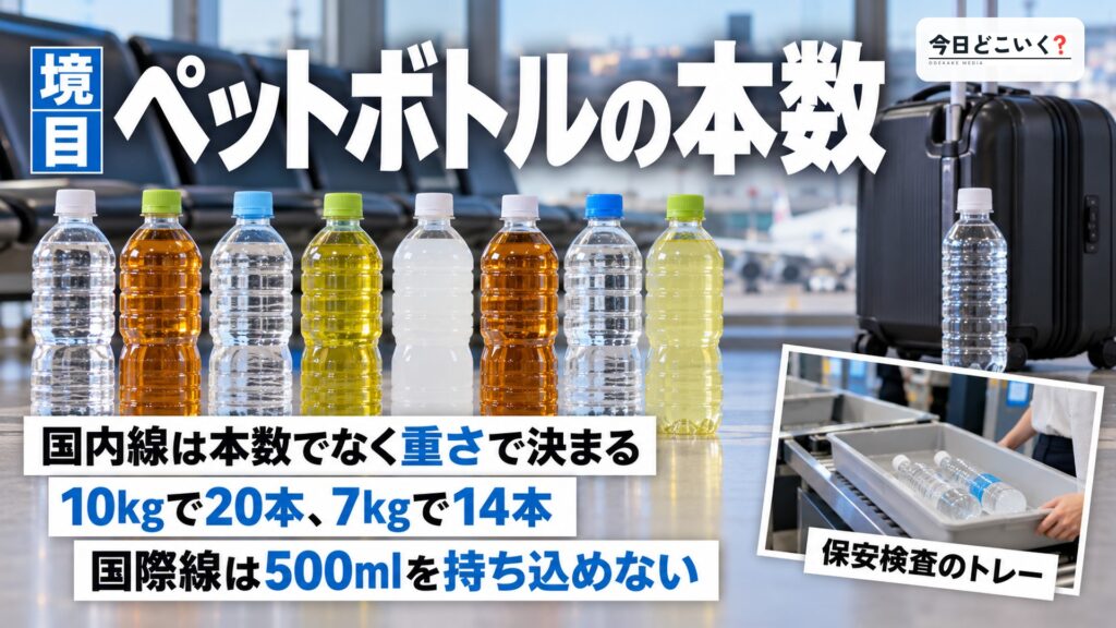 飛行機にペットボトルは何本まで？国内線と国際線で変わる上限　図の中の文字: ペットボトルの本数、国内線は本数でなく重さで決まる、10kgで20本、7kgで14本、国際線は500mlを持ち込めない