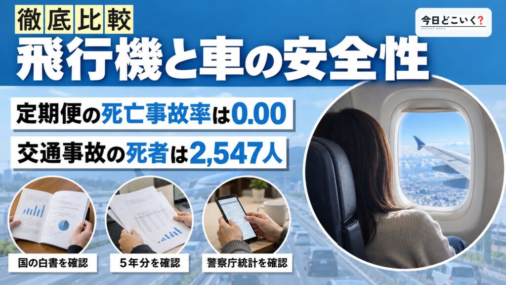 飛行機が怖いなら知っておきたい数字、事故率0.00と車の違い 図の中の文字: 飛行機と車の安全性、定期便の死亡事故率は0.00、交通事故の死者は2,547人