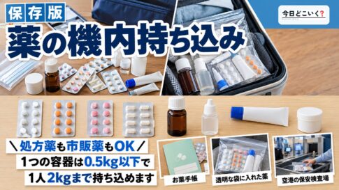 飛行機に薬を持ち込みできるの？細かいルールまで徹底解説！　図の中の文字: 薬の機内持ち込み、＼処方薬も市販薬もOK／、1つの容器は0.5kg以下で、1人2kgまで持ち込めます