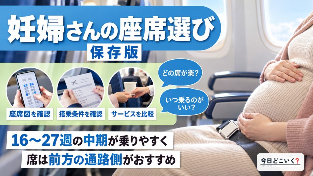 【妊婦さんにおすすめ】飛行機の座席選びと過ごし方のポイント！　図の中の文字: 妊婦さんの座席選び、16～27週の中期が乗りやすく、席は前方の通路側がおすすめ、どの席が楽？、いつ乗るのがいい？