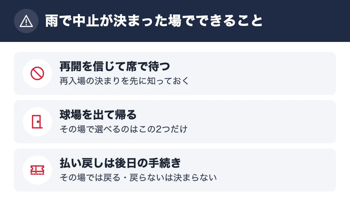 雨で中止が決まった場でできること。再開を信じて席で待つ 再入場の決まりを先に知っておく／球場を出て帰る その場で選べるのはこの2つだけ／払い戻しは後日の手続き その場では戻る・戻らないは決まらない