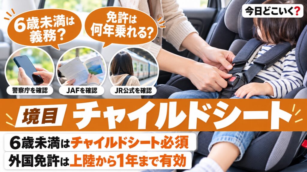 レンタカーのチャイルドシートは6歳未満・国際免許は上陸から1年 図の中の文字: 警察庁を確認、JAFを確認、JR公式を確認、6歳未満は義務?、免許は何年乗れる?、6歳未満はチャイルドシート必須