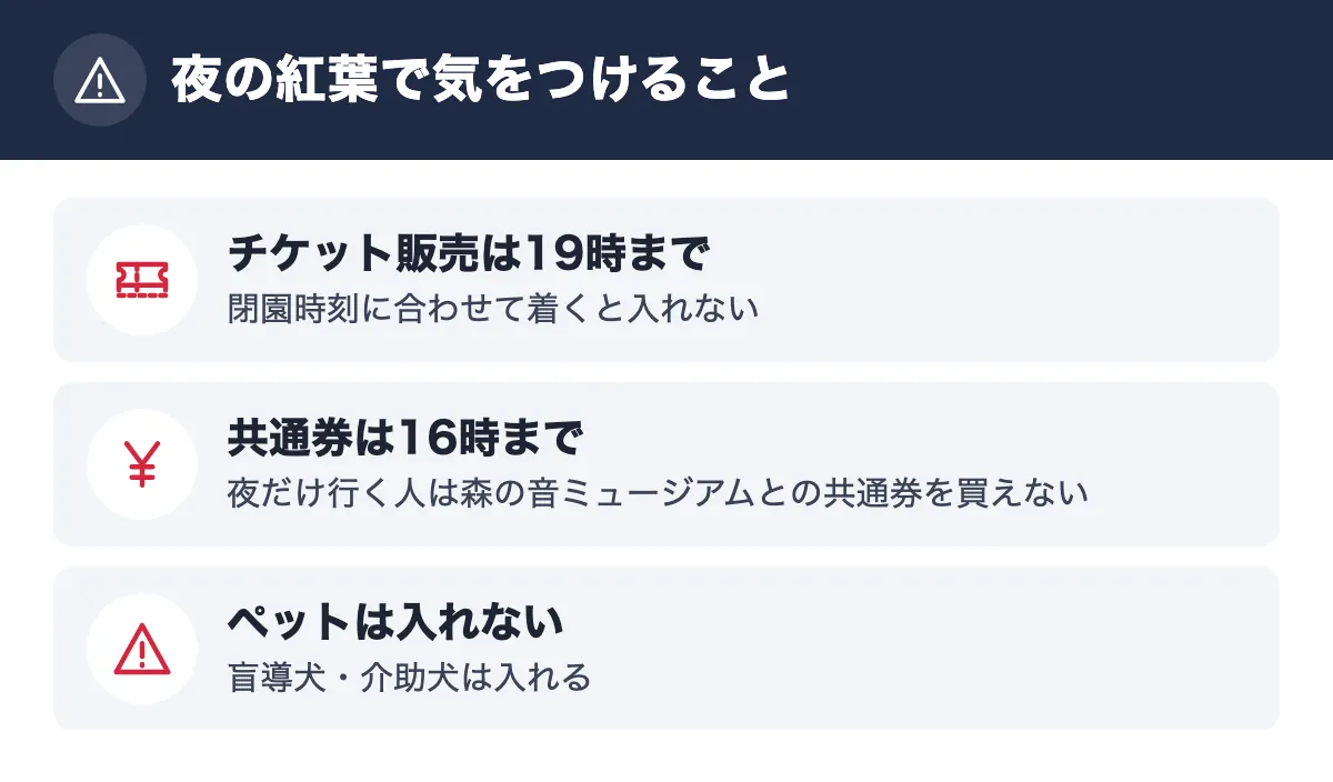 夜の紅葉で気をつけること。チケット販売は19時まで 閉園時刻に合わせて着くと入れない/共通券は16時まで 夜だけ行く人は森の音ミュージアムとの共通券を買えない/ペットは入れない 盲導犬・介助犬は入れる
