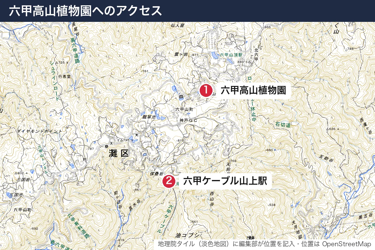 六甲高山植物園へのアクセス。地図に番号で示した場所は 1. 六甲高山植物園、2. 六甲ケーブル山上駅