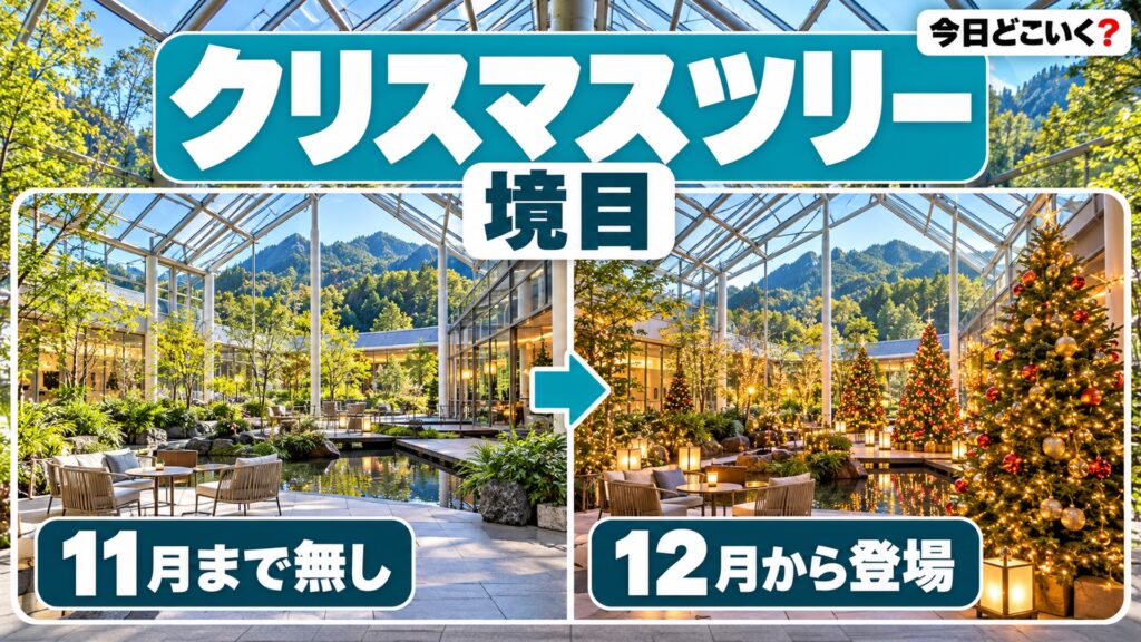 ROKKO森の音ミュージアムワンダークリスマスはツリーが12月1日から　図の中の文字: 11月まで無し、12月から登場