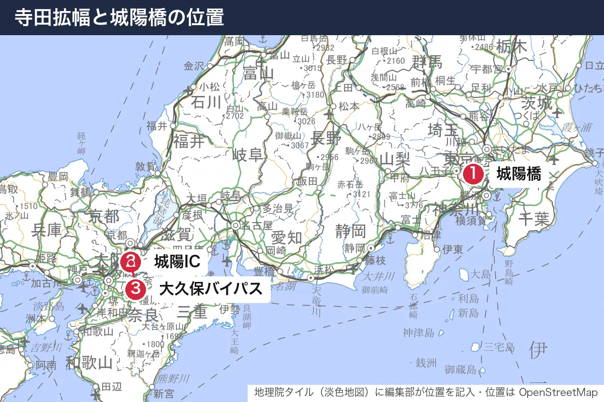 寺田拡幅と城陽橋の位置。地図に番号で示した場所は 1. 城陽橋、2. 城陽IC、3. 大久保バイパス