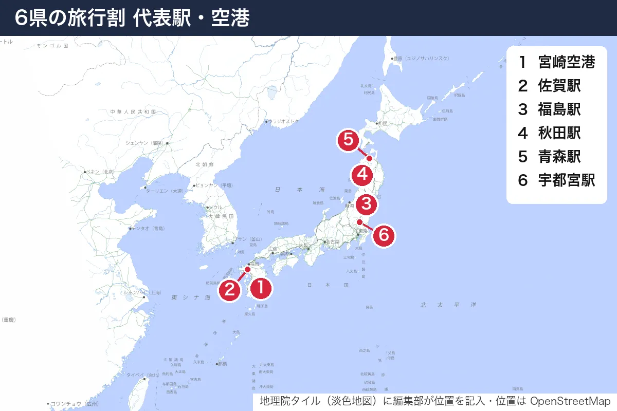 6県の旅行割 代表駅・空港。地図に番号で示した場所は 1. 宮崎空港、2. 佐賀駅、3. 福島駅、4. 秋田駅、5. 青森駅、6. 宇都宮駅