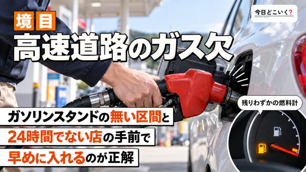 サービスエリアのガソリンスタンドが無い区間は?ガス欠を防ぐ3つの境目 図の中の文字: 高速道路のガス欠、ガソリンスタンドの無い区間と、24時間でない店の手前で、早めに入れるのが正解