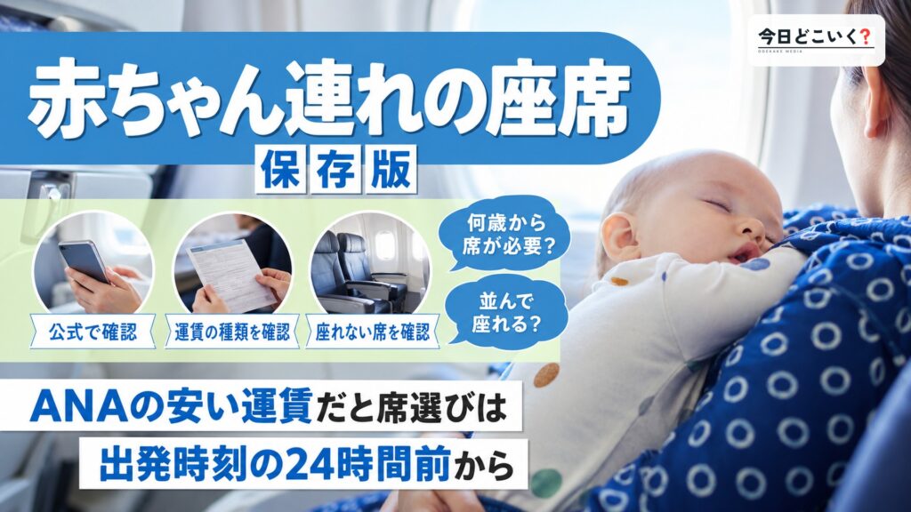 飛行機に赤ちゃん連れでも安心!失敗しない座席の選び方を解説 図の中の文字: 赤ちゃん連れの座席、ANAの安い運賃だと席選びは、出発時刻の24時間前から、何歳から席が必要?、並んで座れる?