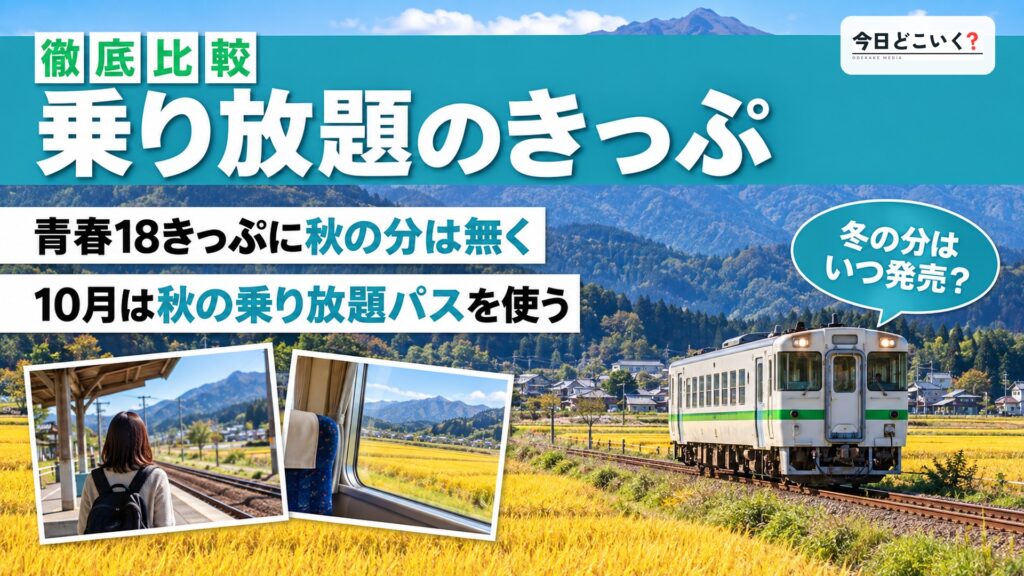 青春18きっぷは秋だけ無い?冬の発売日と秋の乗り放題パスの違い 図の中の文字: 乗り放題のきっぷ、青春18きっぷに秋の分は無く、10月は秋の乗り放題パスを使う、冬の分はいつ発売?