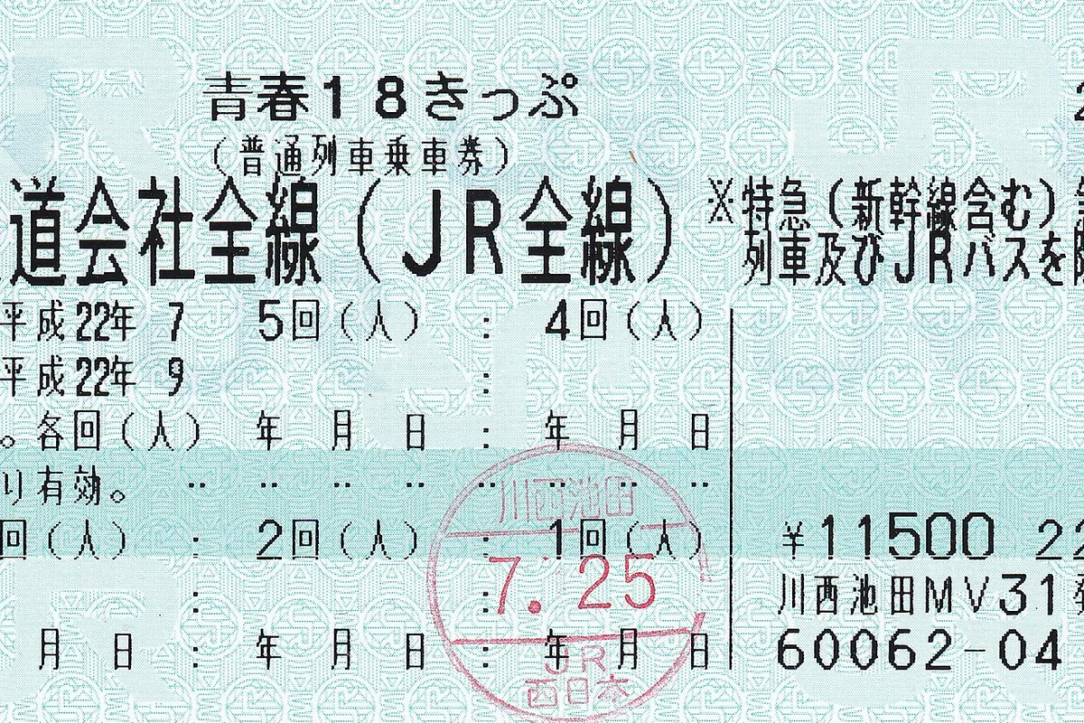 青春18きっぷの台紙に印字された利用回数や日付、川西池田駅の改札印が写った切符の写真