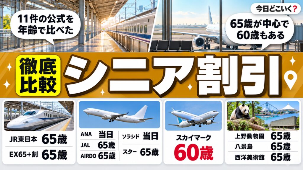 シニア旅行の割引は何歳から？新幹線と飛行機と動物園11件を比較　図の中の文字: 11件の公式を、年齢で比べた、65歳が中心で、60歳もある、JR東日本 65歳、EX65+割 65歳