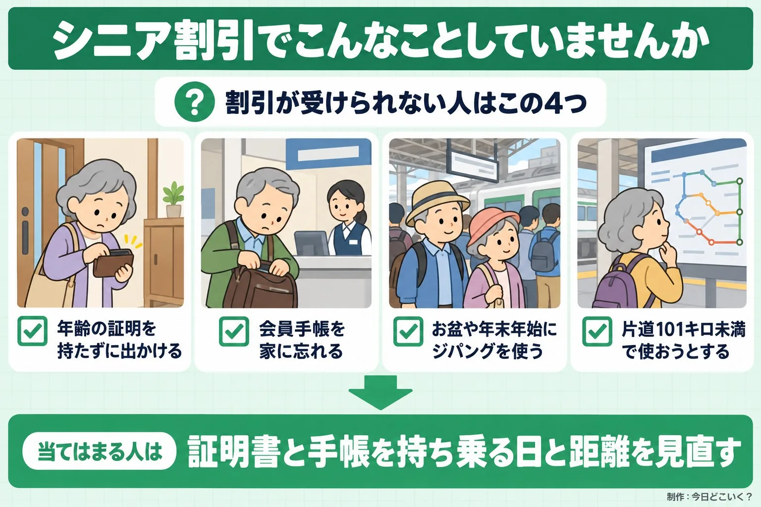 シニア割引でこんなことしていませんか。割引が受けられない人はこの4つ。年齢の証明を持たずに出かける。会員手帳を家に忘れる。お盆や年末年始にジパングを使う。片道101キロ未満で使おうとする。当てはまる人は。証明書と手帳を持ち乗る日と距離を見直す。今日どこいく？が作ったイラスト図解（「こんなことしていませんか」のチェック場面）