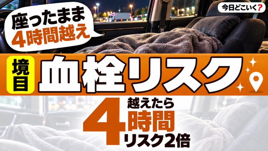 車中泊は何時間で危ない?エコノミークラス症候群は4時間で約2倍 図の中の文字: 座ったまま、4時間越え、4、時間、越えたら、リスク2倍