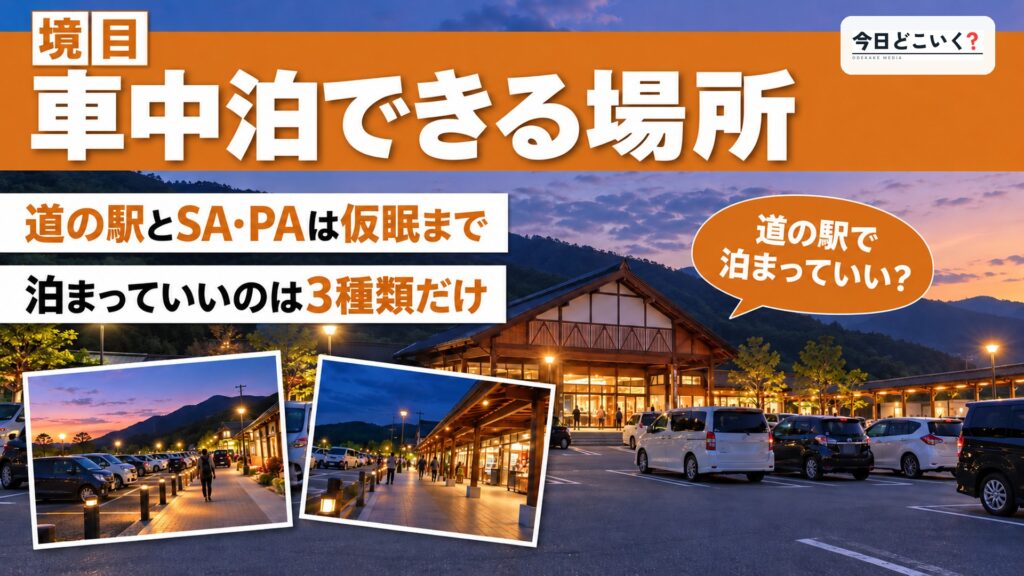 車中泊は道の駅やSAでしていい?仮眠と宿泊の境目を5種類で比べた 図の中の文字: 車中泊できる場所、道の駅とSA・PAは仮眠まで、泊まっていいのは3種類だけ、道の駅で泊まっていい?