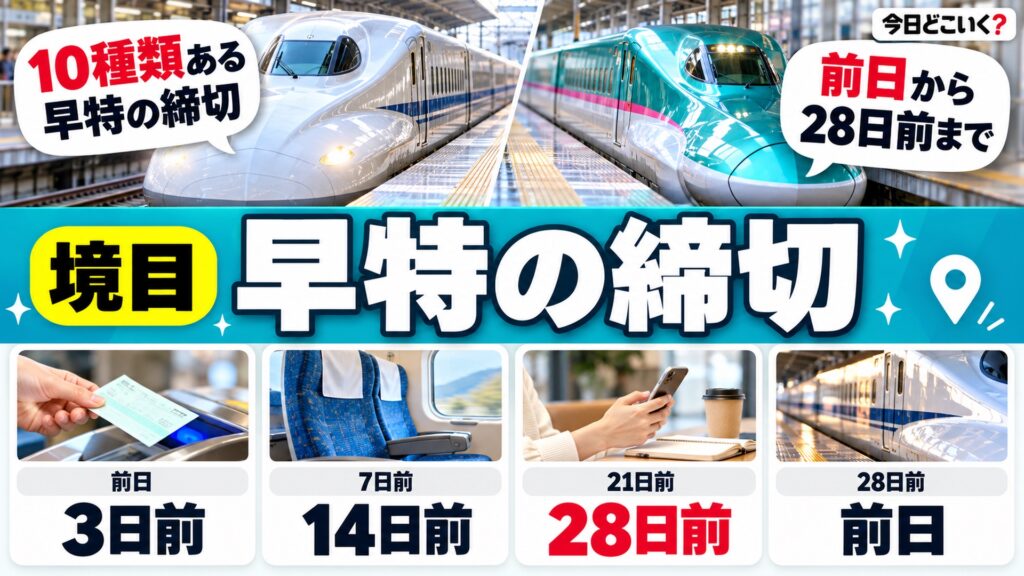 新幹線の早特は何日前まで買える?10種類の締切は前日から28日前 図の中の文字: 10種類ある、前日から、28日前まで、前日、3日前、7日前