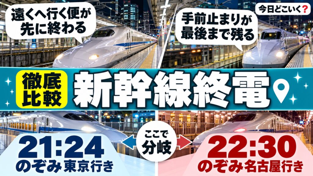新幹線の終電は遠くへ行くほど早い！新大阪発の東京行きは21時24分　図の中の文字: 遠くへ行く便が、先に終わる、手前止まりが、最後まで残る、21:24 のぞみ東京行き、22:30 のぞみ名古屋行き