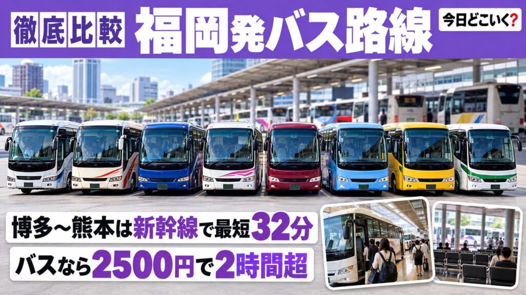 新幹線とバスは福岡から熊本で最短32分と約2時間10〜20分 図の中の文字: 博多〜熊本は新幹線で最短32分、バスなら2500円で2時間超