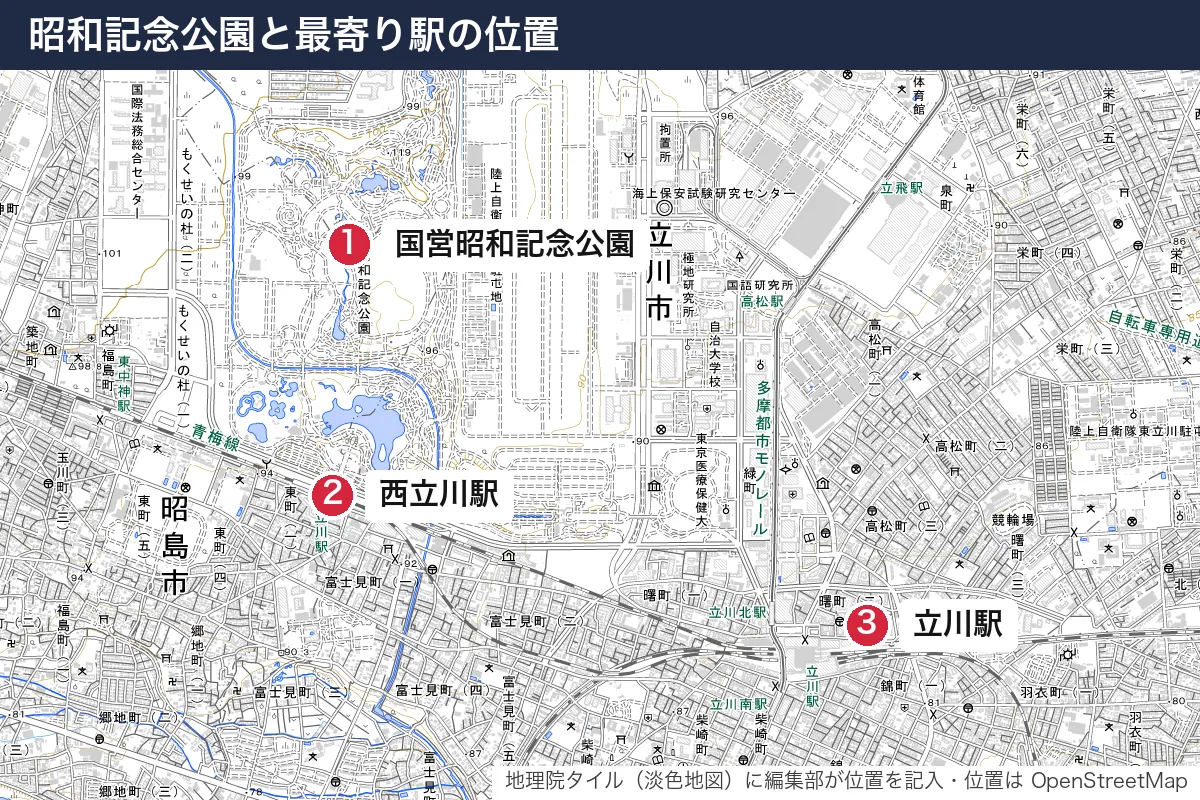 昭和記念公園と最寄り駅の位置。地図に番号で示した場所は 1. 国営昭和記念公園、2. 西立川駅、3. 立川駅