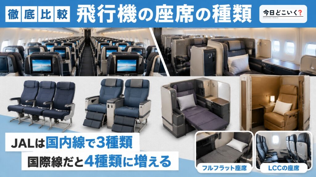 飛行機にはどんな座席の種類がある？航空会社ごとに徹底解説！　図の中の文字: 飛行機の座席の種類、JALは国内線で3種類、国際線だと4種類に増える