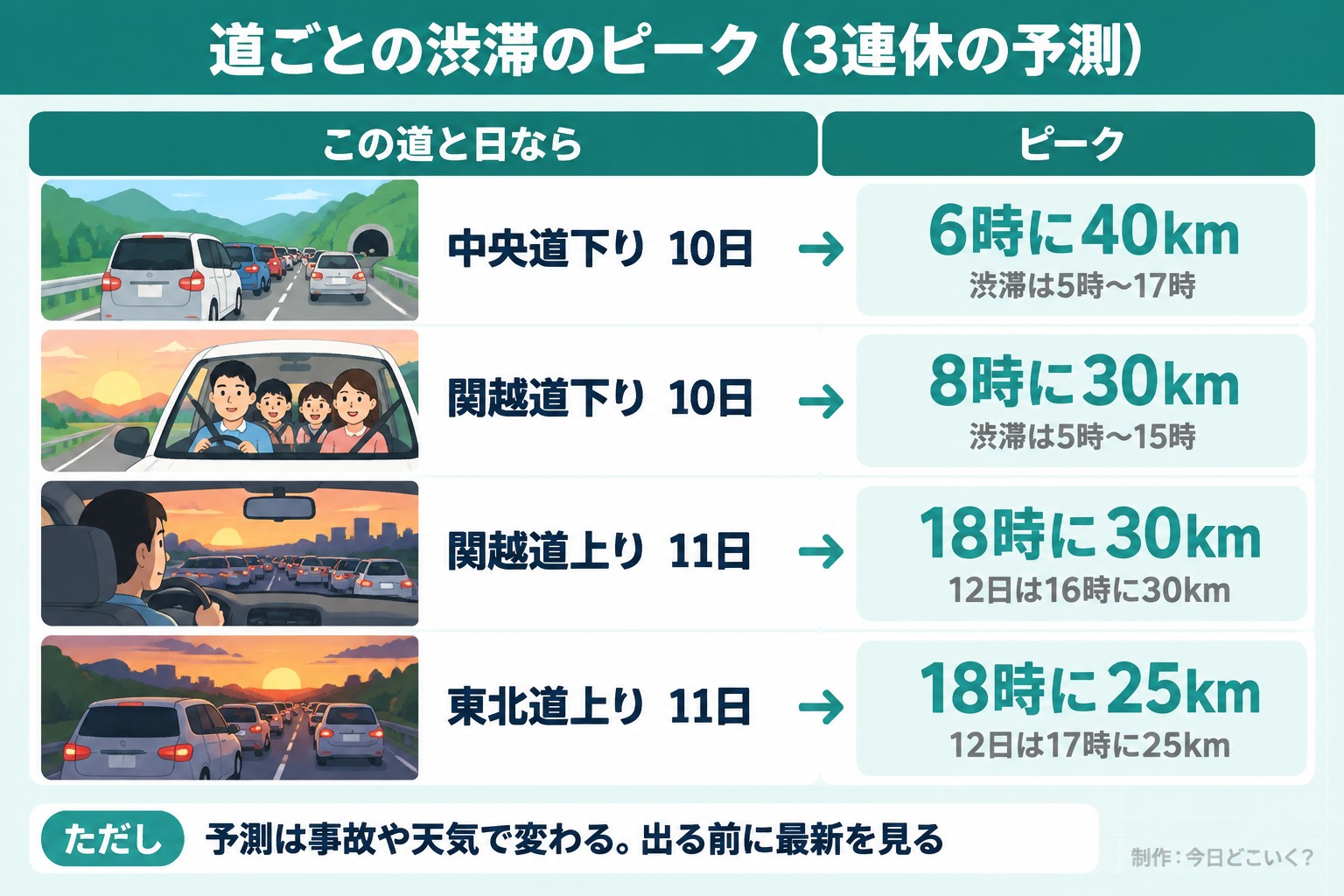 道ごとの渋滞のピーク（3連休の予測）。この道と日なら。ピーク。中央道下り 10日。6時に40km。渋滞は5時〜17時。関越道下り 10日。8時に30km。渋滞は5時〜15時。関越道上り 11日。18時に30km。12日は16時に30km。東北道上り 11日。18時に25km。12日は17時に25km。ただし 予測は事故や天気で変わる。出る前に最新を見る。今日どこいく？が作ったイラスト図解（状況→目安の早見表）
